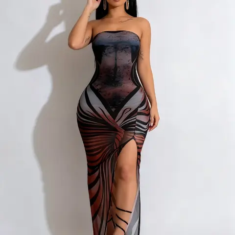 Printed Mesh Strapless Bustier High Slit Sexy Long Evening Dress Women, Formal Wear, Elegant Slit Hem, All over Print, No Ca Prop, No Ca Prop 65 Re, All Seasons