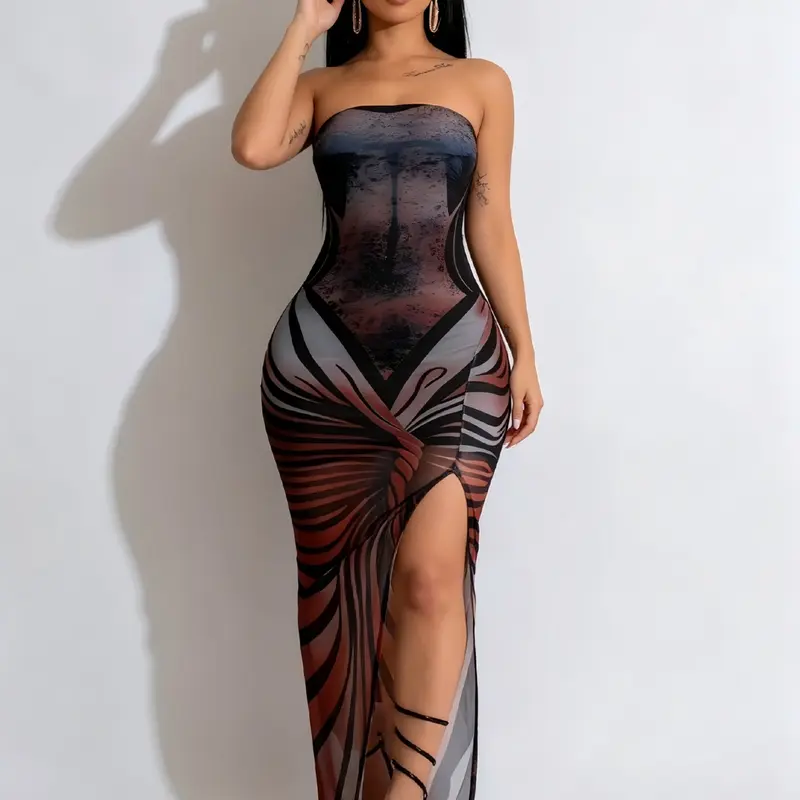 Printed Mesh Strapless Bustier High Slit Sexy Long Evening Dress Women, Formal Wear, Elegant Slit Hem, All over Print, No Ca Prop, No Ca Prop 65 Re, All Seasons