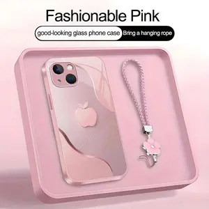 Luxury Faux Brushed Metal Texture Phone Case with Flower Lanyard | Glossy Glass Feel 2D Printed Cover | for [iPhone 15 Plus] 952