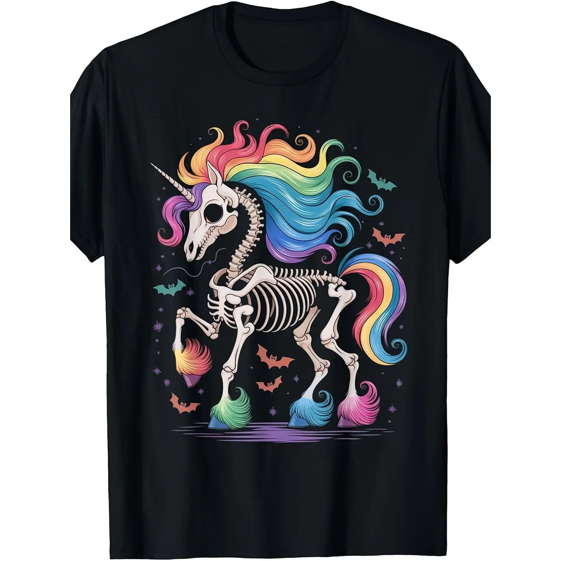 Men's Unicorn Skeleton Graphic T-Shirt - Casual Animal Print Streetwear, Lightweight Breathable Crew Neck for All Seasons, Menswear, Tee, Fabric, Round Neck, Top, Rainbow, Colorful, Novelty, Shortsleeve, Classic, Skull, Comfy, Apparel, Layer-Friendly