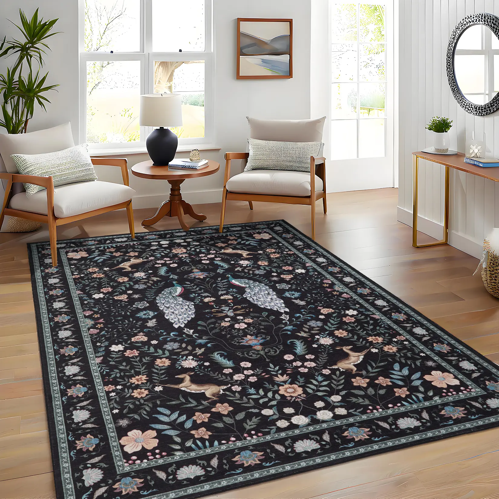 Washable Area Rug with Vintage Floral Print Soft Non-shedding Ultra-thin Foldable Peacock Print for Living Room Dining Room Hallway Entryway and Laundry Room carpet