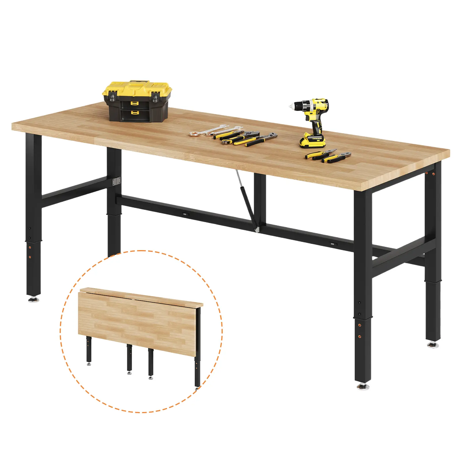 Amerlife Carbon Steel Heavy-Duty Foldable Workbench with Rubber Wood Top, Wall Mount Tool Organizer, 40x20/60x22/72x24 in Sizes, 29"-39" Height Adjust, 1540 lbs Load Capacity, 330 lbs Support, for Garage, Workshop