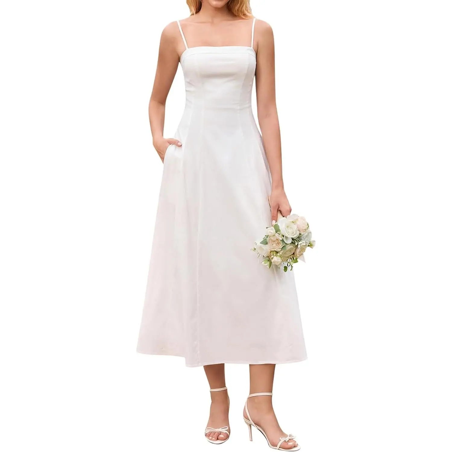 URYIAO Wedding Guest Dresses for Women Summer Casual Spaghetti Strap Flowy Sundress Graduation Midi Dress with Pockets