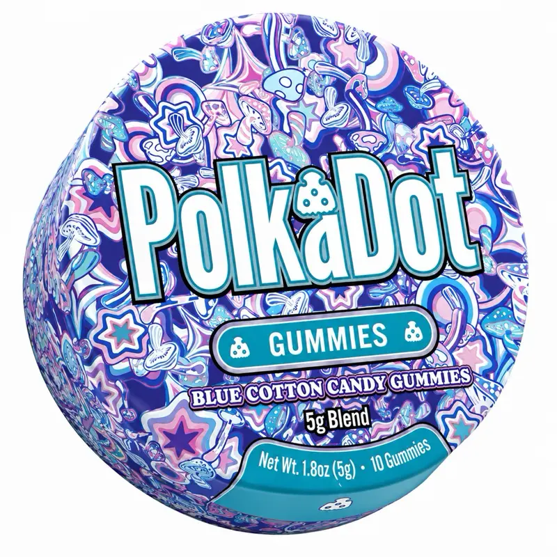 Polkadot Blue Cotton Candy Gummies, 10 Count, High Potency Plant-Based Mushroom Gummies, Soft Chewy Gummies, 100% Organic Ingredients, High-Quality Formula, Freshness-Sealed, Secure Reusable Metal Tin, Travel-Friendly Packaging, Proudly Made in USA