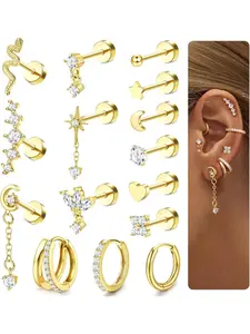 15 Pcs Helix Piercing Jewellery Steel Flat Back Earrings for Women Forward Helix Stud Hoop Earring Sets Cartilage Earrings Silver Gold Daith Tragus Rook Conch Piercing Jewellery Studs Earrings