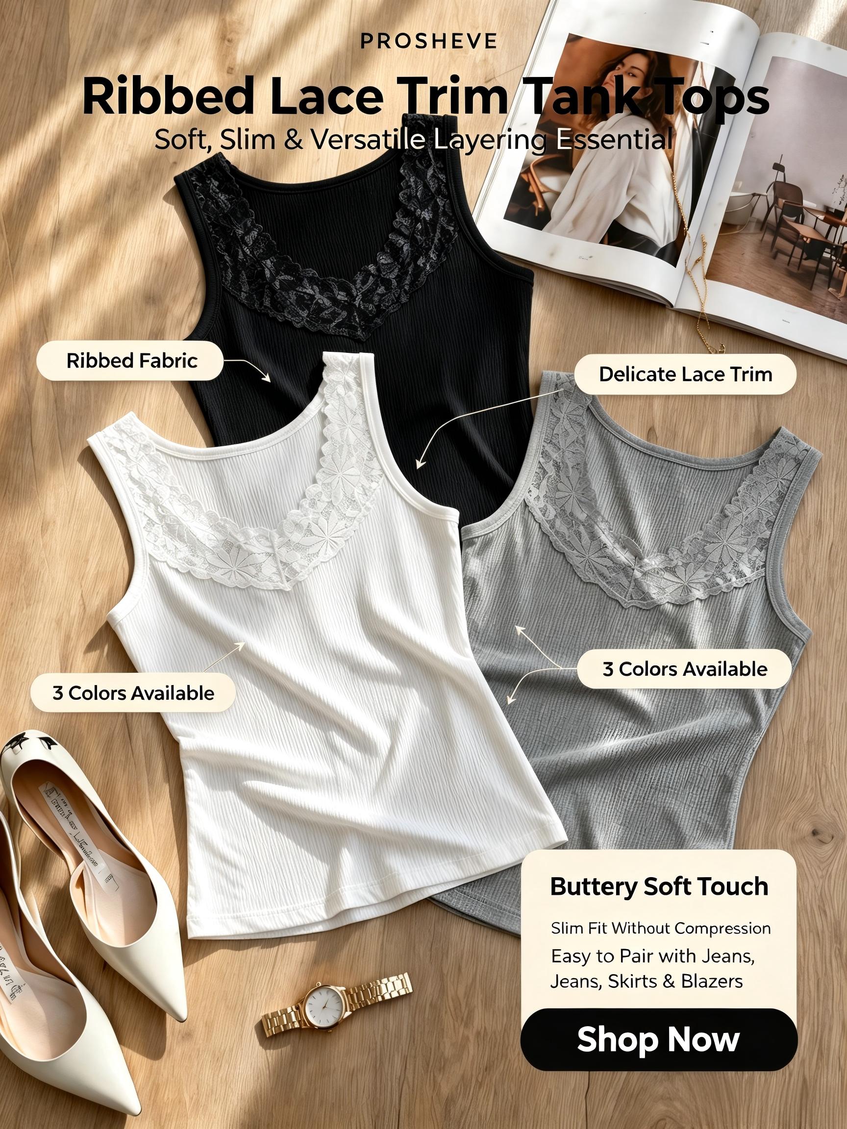 PROSHEVE women’s lace sleeveless tank top, V-neck lace camisole, no bra pads included, slim-fit breathable ribbed camisole top, sexy lace top suitable for everyday wear, summer basic top that can be layered or worn solo, summer vibe.,spaghetti