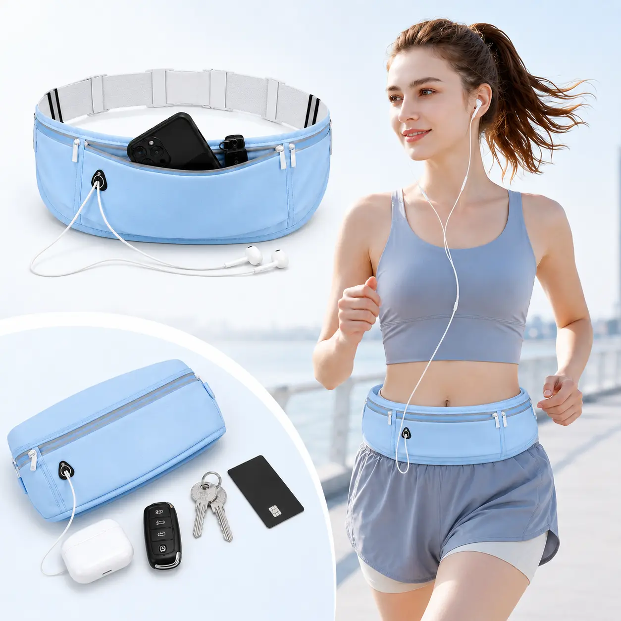 3-Pocket Slim Sports Jogging Waist Bag - Comfortable Fit Phone Holder Belt Pouch with Headphone Port, Fits Cards and Keys, for Daily Workouts, Gym Sessions, Cycling, Active Lifestyles, 3-Pocket Design, Running, Walking, Unisex, Water-Resistant, Activewear