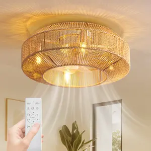 20" Boho Ceiling Fan with Light Caged Ceiling Fan Flush Mount Low Profile Rattan Ceiling Fan Remote Control 6 Speeds Boho Caged Ceiling Fan for Bedroom Living Room Kitchen Decorative Lamp Golden Farmhouse Rattan Flush Mount Ceiling Fan with Light