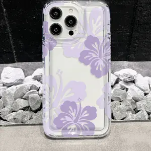 Full Screen Light Purple Flower Pattern Transparent Air Cushion Protective Case for iPhone 17 15 14 13 12 11 Pro Max X XR XS XS Max 14Plus 15Plus 16Pro 15Pro 14Promax 13Promax Soft Shell Cover