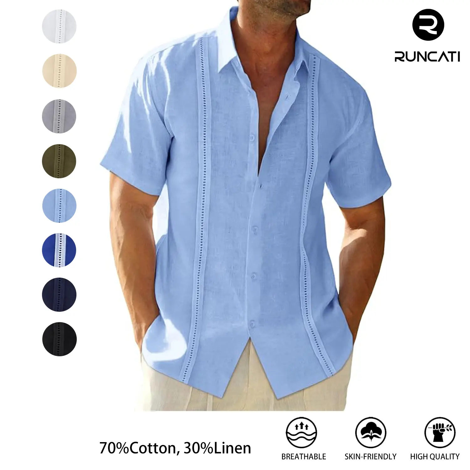 Runcati Mens Linen Cuban Guayabera Shirts Button Down Short Sleeve Shirt Cotton Hippie Summer Beach Vacation Shirts Casual Shortsleeve