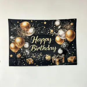 Happy Birthday Balloon & Gift Pattern Background Banner, Durable Polyester Birthday Party Backdrop, Party Decoration Supplies for Home & Outdoor, Ornaments, Party Decorations Banners