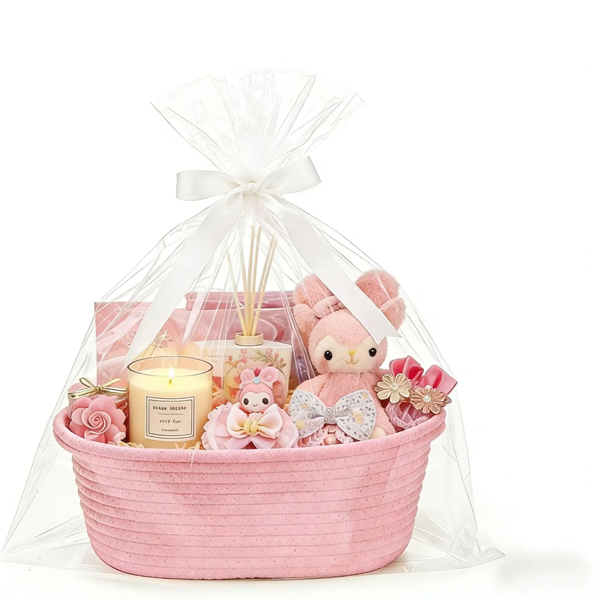 Boho Cotton Rope Woven Baskets Set (12x8x5in), White Home Organizer Storage Baskets with Handles, Ribbons and Bags for Bathroom, Baby Gifts Use