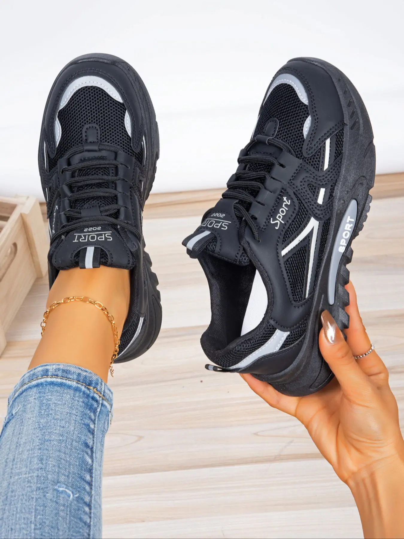 Women's Mesh & Faux Leather Lace-Up Chunky Sneakers, Breathable Platform Dad Shoes, Versatile Footwear for Walking, Running and Daily Wear