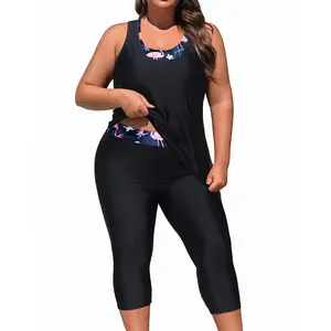 Yonique Three Piece Plus Size Swimsuits for Women Tankini Tops with Sports Bra and Swim Capris Athletic Bathing Suits