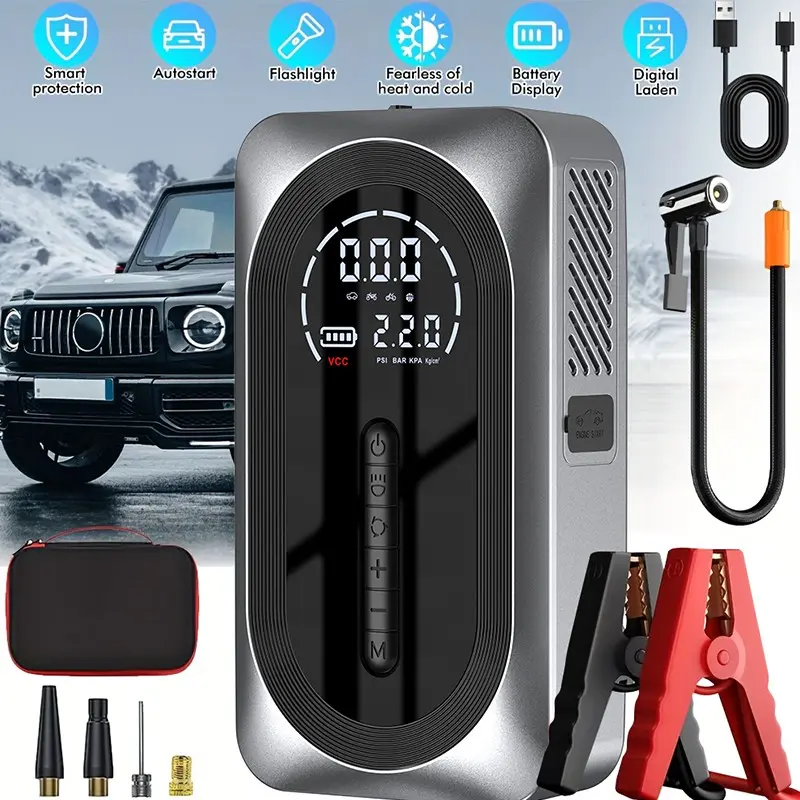 Multifunctional car emergency starter, Automotive, including 8000A battery booster starter, 180 PSI air compressor, 8000MAh battery pack, tire pressure monitor, flashlight, intelligent jumper connector and inflation accessories, Car tool kit