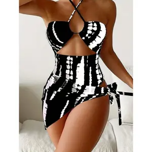 AlloverPrintTrendyHighStretch2PieceSwimsuits,CrissCrossHalterCutOutOne-pieceBathing-suit&CoverUpSkirt-Polyester-ForWomen-PerfectForBeachVacations&PoolParties-IdealGiftForSummerTrianglSwimwear