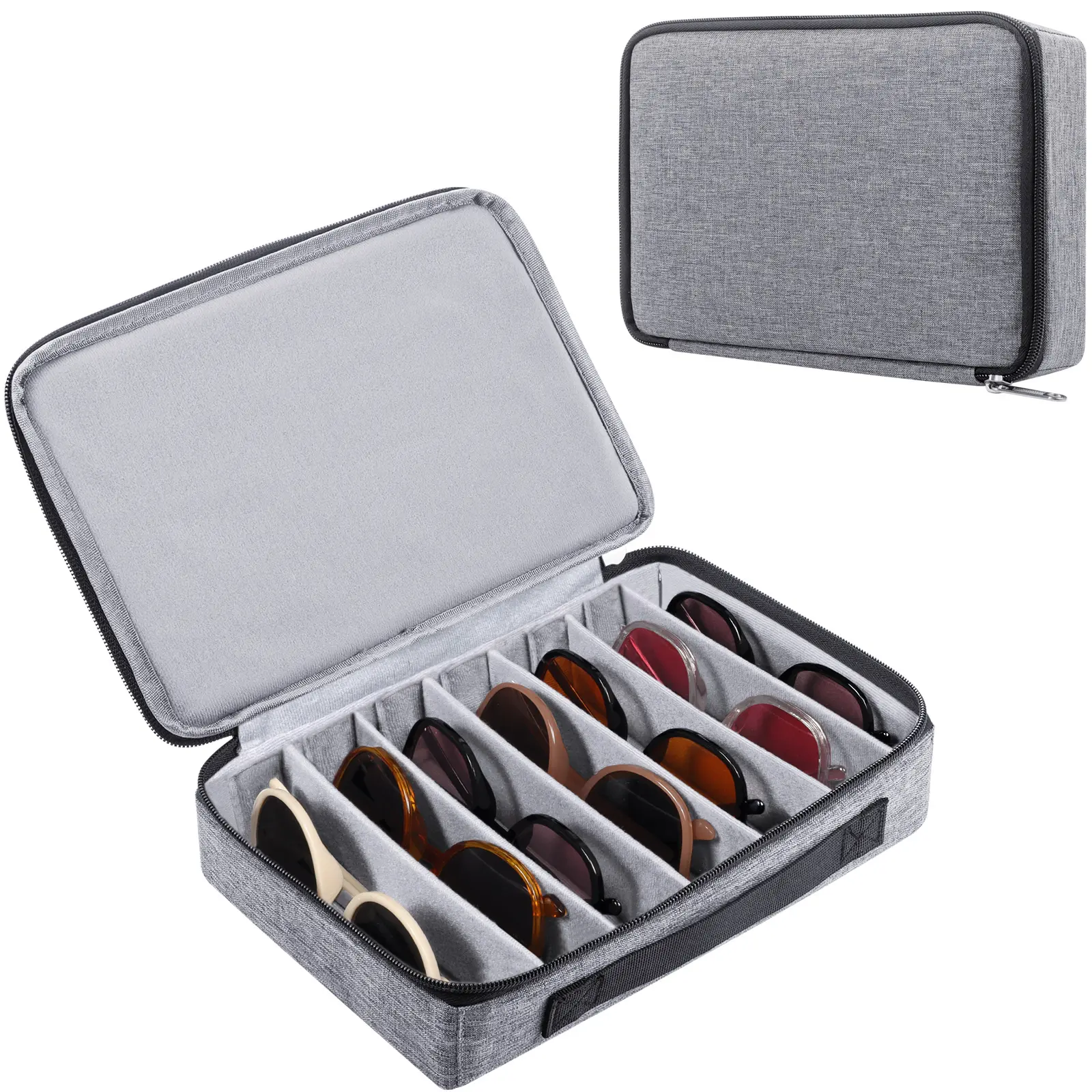 Hard-Shell Portable Sunglasses Organizer - 7-Pair Plush Velvet Lined Glasses Storage, Adjustable Dividers, Multi-Compartment Transparent Slots, Fully Customizable Layout for Carry-On Luggage, Travel Ready, Eye Glass Holder, 10.7" X 7" X 2.5"