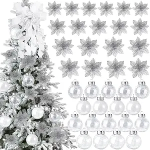 49 count  Christmas Tree Decoration Set, 34'' Topper Bow 3 Size Christmas Glitter Poinsettia Faux  and 2.36'' Ball Ornaments for Holiday Xmas Tree Decoration