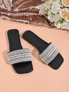 Pearl Rhinestone Square Toe Sandals, Anti-Slip Flat Sole, Sweet Style Casual Women's Shoes for All Seasons Footwear