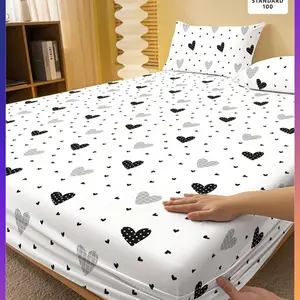 3-Piece Modern Polka Dot Heart Print Bedding Set, Soft Flannel Sheet and Pillowcases, Home Bedroom Decor, All-Season Comfort