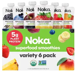 Noka Superfood Fruit Smoothie Pouches Variety Pack, Healthy Snacks with Flax Seed, Plant Protein and Prebiotic Fiber, Vegan and Gluten Free Snacks, Made in USA, Organic Squeeze Pouch, 4.22 oz, 6 Count
