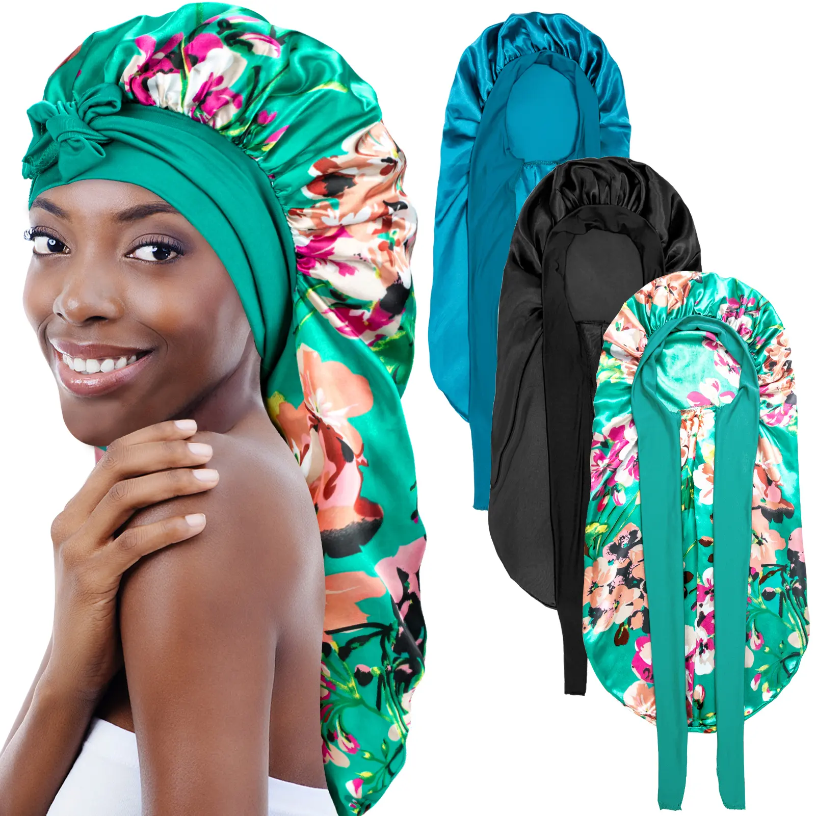 Braid Bonnet for Black Women - 3 Pack Large Braid Bonnet, Perfect for Long Curly Hair and Braids Elastic Heatless Haircare (Black&Blue&Flower)