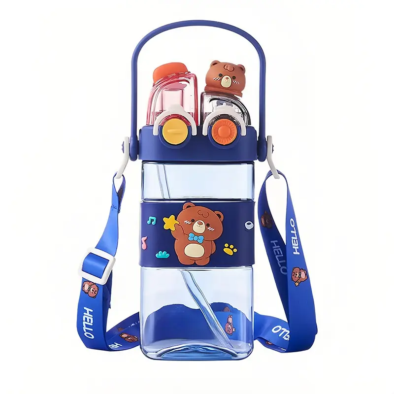 Summer portable square water cup with dual-drink design, dual-use cup for drinking through straw or directly, anti-drop plastic travel cup with strap and lanyard for children and students, high-appearance cupthe ordinary water bottle