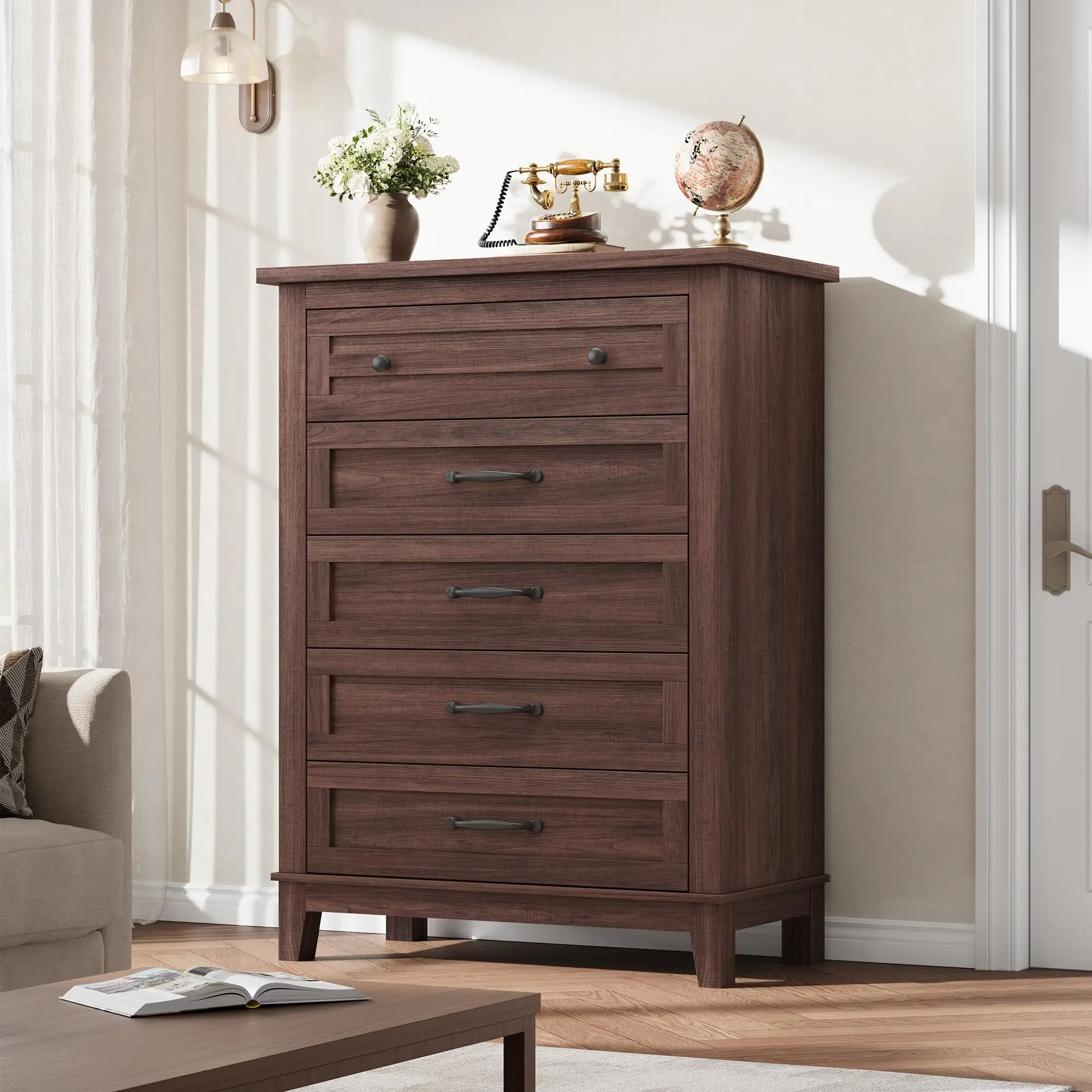 5 Drawer Tall Wooden Dresser for Bedroom, Vertical Freestanding Tall Chest of Drawers with Ultra Deep Drawers, 41.3 Inch Farmhouse Style Tall Wood Storage Cabinet for Living Room Closet Home Decor
