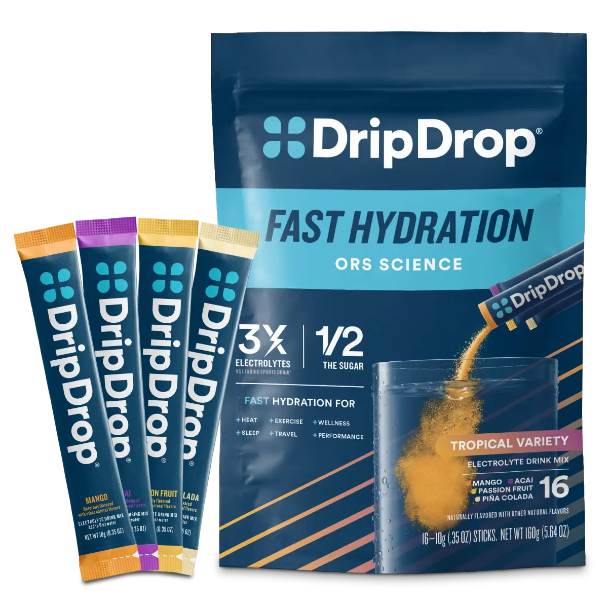 DripDrop Tropical Variety Pack Electrolyte Powder, 8 oz sticks, 16 count