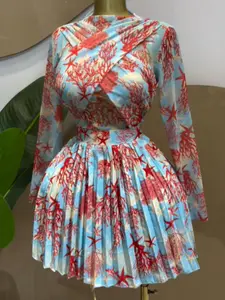 QFAF Women's Leaf Print Long Sleeve Round Neck Wrap, Fitted Mini Midi Dress, Front Pleated Party Birthday Dress, Romantic Vacation Style Aesthetic Cocktail Dresses, Dressy Fashion Dinner Parties Dress, Beach Dress