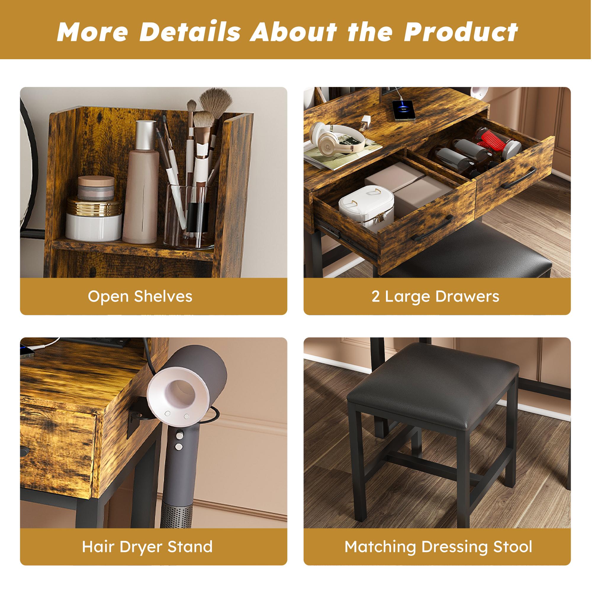 Small Makeup Vanity Desk with Large Mirror and Lights, Vanity Table with 2 Storage Drawer & Open Shelves, 3 Lighting Colors,LED Mirror Adjustable Brightness Brown Makeup Vanity