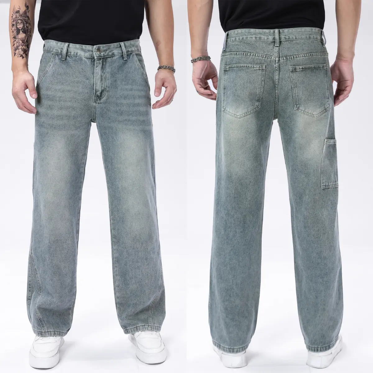 Men's Vintage Washed Denim Jeans - Retro Style Straight Leg Casual Pants with Diagonal Pockets for Streetwear, Stylish, Classic, Chic, Basics, Athletic, 90S Look, Fitted, Menswear, Clothes, Mid Waist, Straight Legs