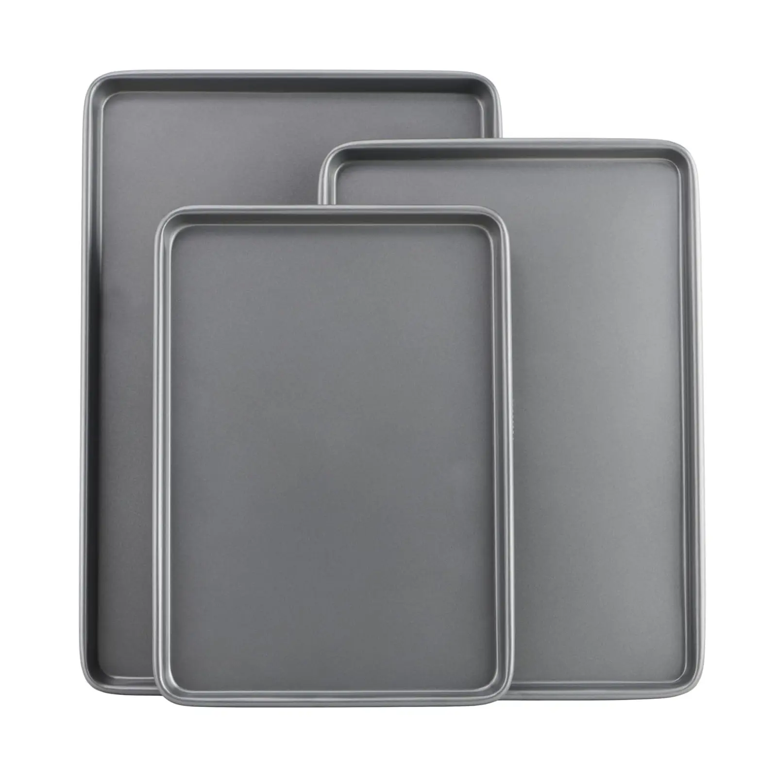 3-Piece Nonstick Baking Sheet Set, Carbon Steel Cookie Pans, Small 13x9, Medium 15x10 & Large 17x11, Bakeware Set for Cookies, Roasting & Everyday Baking, Gray