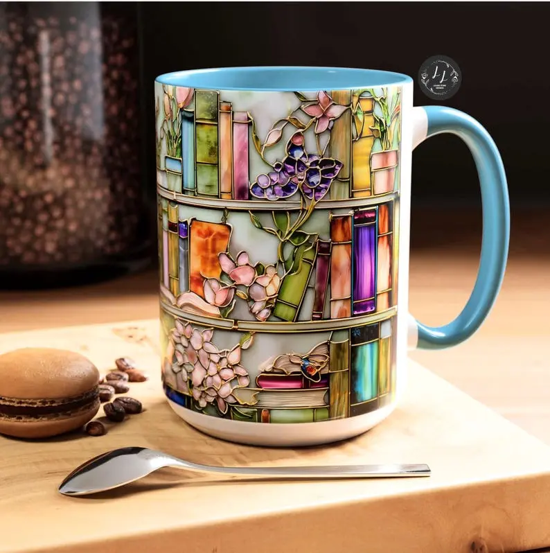 Floral Bookshelf Coffee Mug Bookish Stained Glass Style Ceramic Mug Book Lover gift