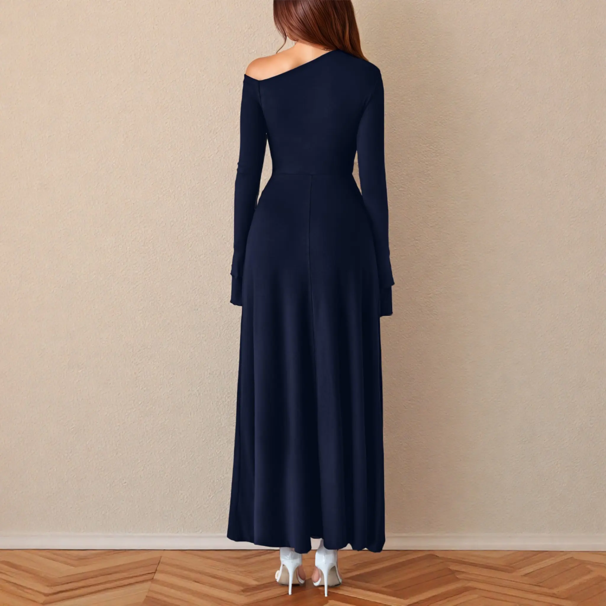 Women's Elegant Off-Shoulder Maxi Dress with Ruched Detail & Flared Long  Sleeves for Weddings Parties