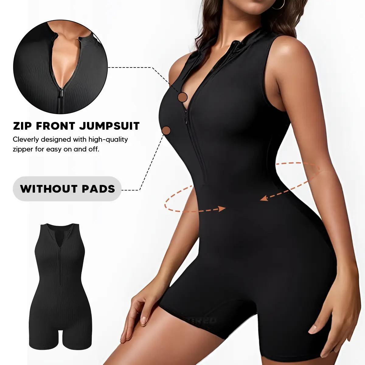 SUPRENX Women's Ultra-Soft Ribbed Texture Seamless Crew Neck Full-Body Contouring Shapewear Bodysuit - Zip-Front Sleeveless, Compression Tummy Control, Butt Lifter, Retro Design for Activewear Layering, Wedding, Birthday, Contoured Cut, Slimming Fit, Spor