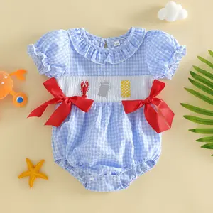 Imcute Infant Baby Girl Plaid Romper Lobster Embroidery Ruffles Crew Neck Short Sleeve Infant Onesie Bodysuits Jumpsuits