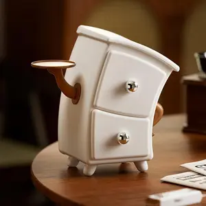 1Pc White & Brown Storage Box with Round Door & Hinged Lid, Compact Organizer with Gold Knob, Durable Plastic Organizer with 2 Drawers & Sturdy Legs, Space-Saving for Home Office Dressing Table School, Durable Material
