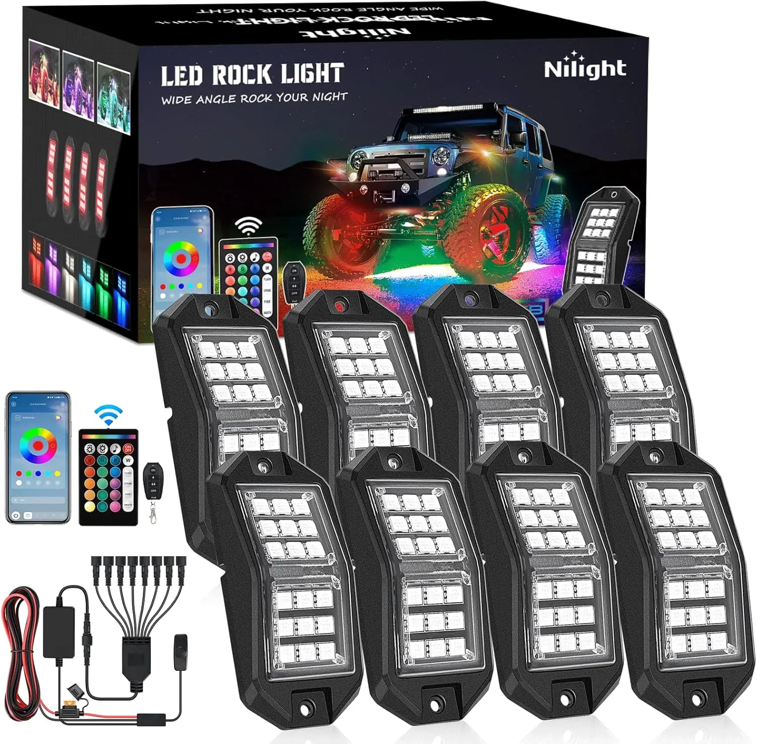 Nilight 8 PCS 18LED Wide Angle Rock Lights Kit, Off Road Wheel Well Underglow, Remote & Bluetooth App Dual Control, Multifunctional Ambient Atmosphere Lights for RGB Car Interior, Off Road Lights