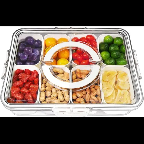 Divided Serving Tray with Lid and Handle, 8 Compartment Snackle Box Container, Travel Charcuterie Board with Lid for Kids and Adults, Snack Box Container - Fruit, Vegetable, Candy, Snack Tray with Lid