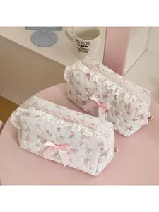 Pink Flower Women Lace Small Makeup Bag Travel Organizer Cosmetic Coins Handbag Pouch Makeup Organizer Pouches Gilrs Cute Bow Square Zipper Wallet Bags Makeup Storage Organizer