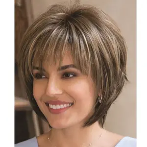 Brown Short Hair Wigs for White Women Brown Mix Blonde Pixie Cut Wig with Bangs Brown with Blonde Highlights Straight Synthetic Natural Looking Daily Party Wig