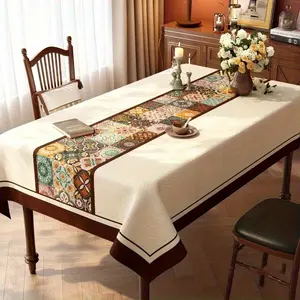 1pc of Moroccan-style Rectangular Tablecloth, Bohemian Patchwork Polyester Table Cover + 4pcs of Adhesive, Durable and Easy to Clean, Suitable for Indoor and Outdoor Use, Ideal for Home Kitchens, Dining Rooms, Parties, and Patios. Thanksgiving Table