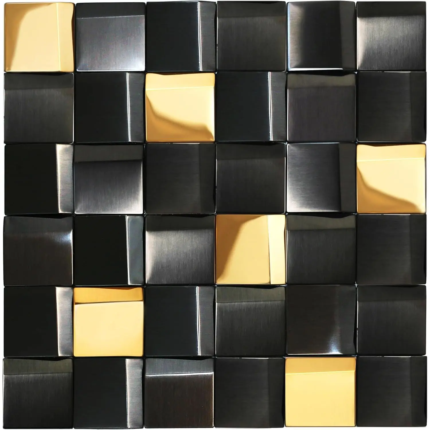 12x12in 3D Metal Mosaic Wall Backsplash Tiles - 5 Sheets Black/Gold Geometric Tiles with Ceramic Base, Metal Caps, Mesh Backing, 5 Sq. Coverage, Manufacturer Warranty, Thin-Set Mortar Required for Home Improvement Accent Walls, Fireplace, 12 X 12 Inches