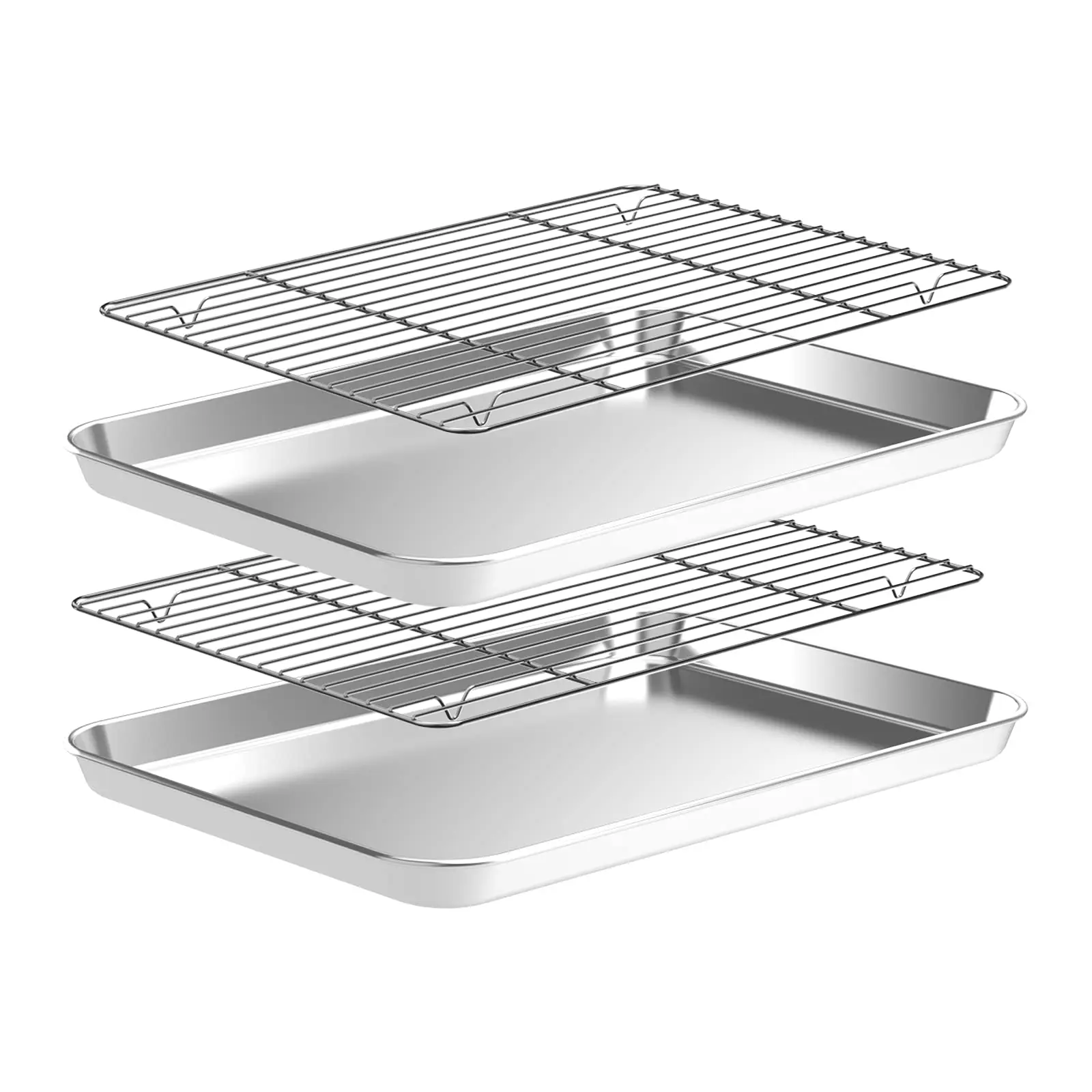 Stainless Steel Rectangular Baking Sheet Set of 4, 2 Quarter Cookie Trays + 2 BPA-Free Wire Cooling Racks, Rust Resistant Non-Toxic Durable Easy-Clean Bakeware, 12x10x1" for Baking, Roasting