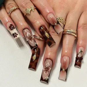 24pcs Leopard Print Design Acrylic Nail Set, Glossy Finish, Medium Length, Includes Jelly Glue & Nail File, Summer Nail Art for Women and Girls