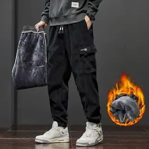 Static Cuff Winter New Thickened Warm Men's Corduroy Cargo Pants Fleece Loose Streetwear Joggers Harem Pants Sweatpants Male Trousers Black