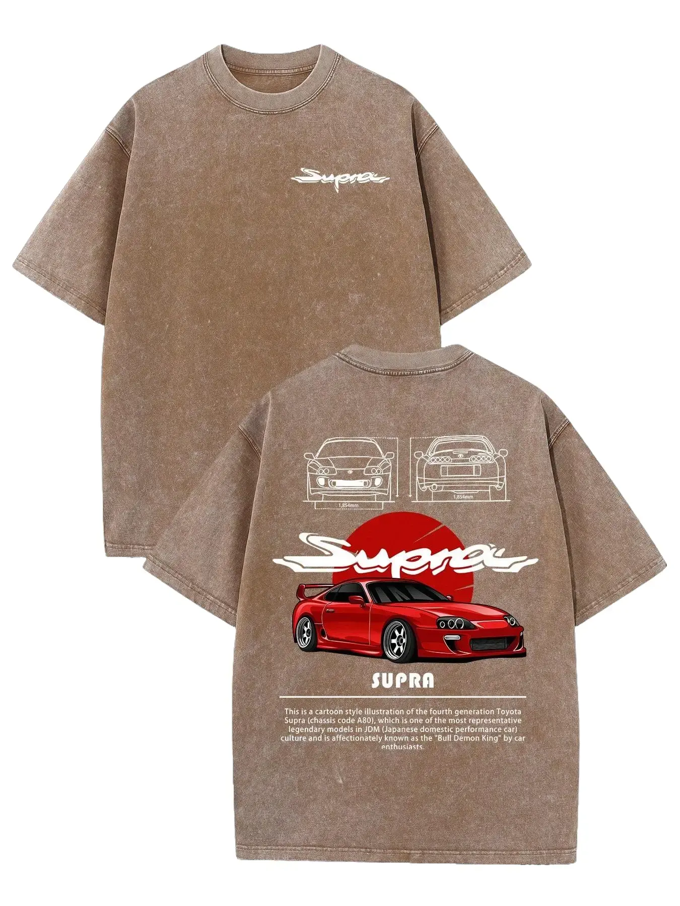 Toyota Supra A80 Bull Demon King Distressed T-Shirt, Retro JDM Car Graphic Tee, Unisex Washed Y2K Streetwear Shirt, Japanese Car Enthusiast Summer Top