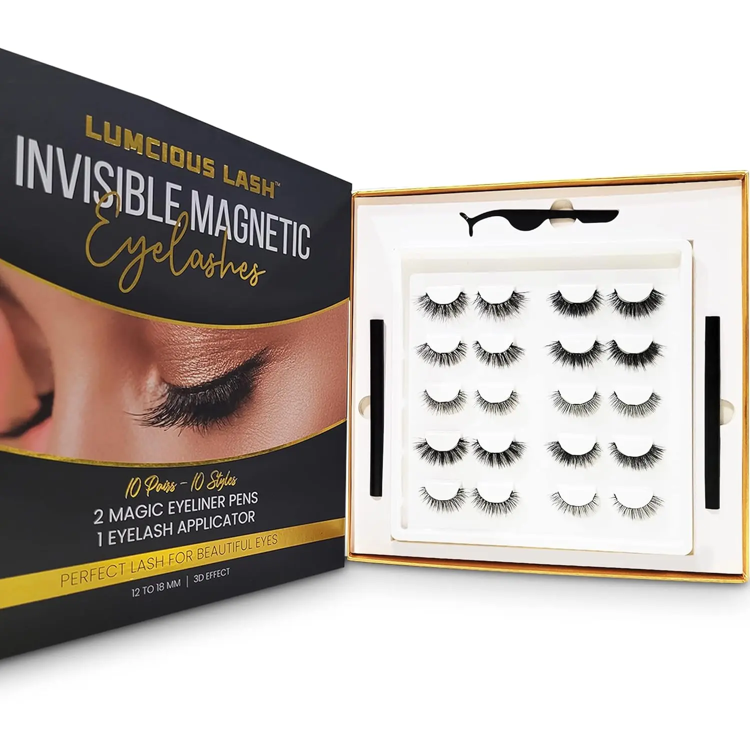 Invisible Magnetic Eyelashes and Eyeliner Kit - 10 Pairs Natural Look 3D Reusable False Lashes, 2 Waterproof Magic Magnetic Eyeliner Pens, Applicator, No Glue Cosmetic Makeup (Great Gift for Beauty Enthusiasts), Storage