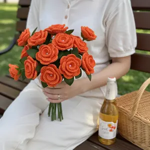 Handmade Orange Crochet Rose Bouquet – Everlasting Knitted Flowers for Mother's Day & Valentine's Day